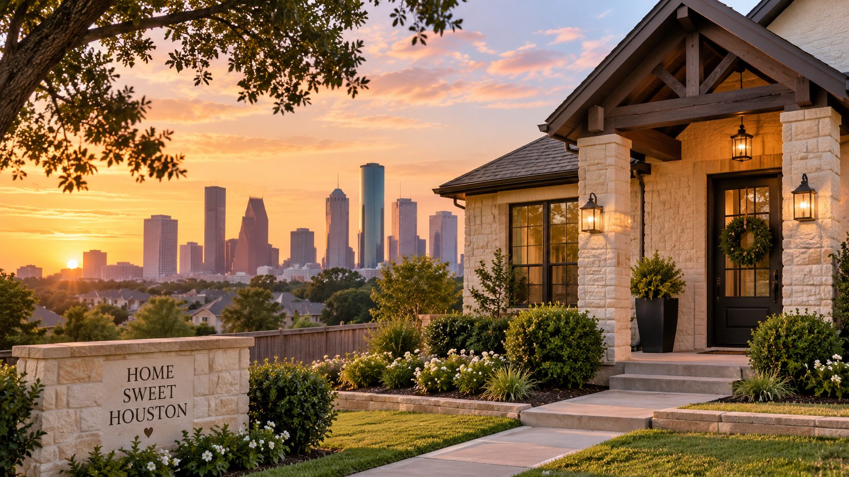 Houston home with downtown skyline at sunset